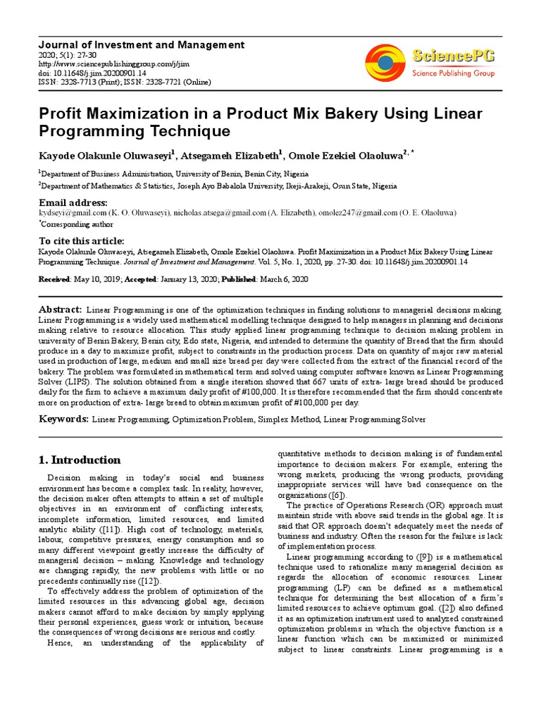 Profit Maximization in A Product Mix Bakery Using Linear Programming ...