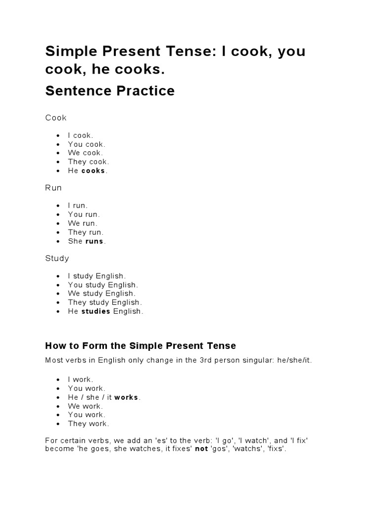 Simple Present Tense I Cook, You Cook, He Cooks. Sentence Practice