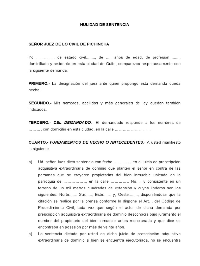 Modelo de Nulidad de Sentencia | PDF | Procedimiento Civil | Sentencia