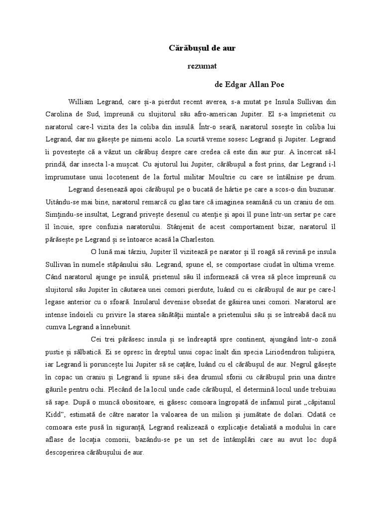 CĂRĂBUȘUL DE AUR de E. A. Poe - Rezumat | PDF