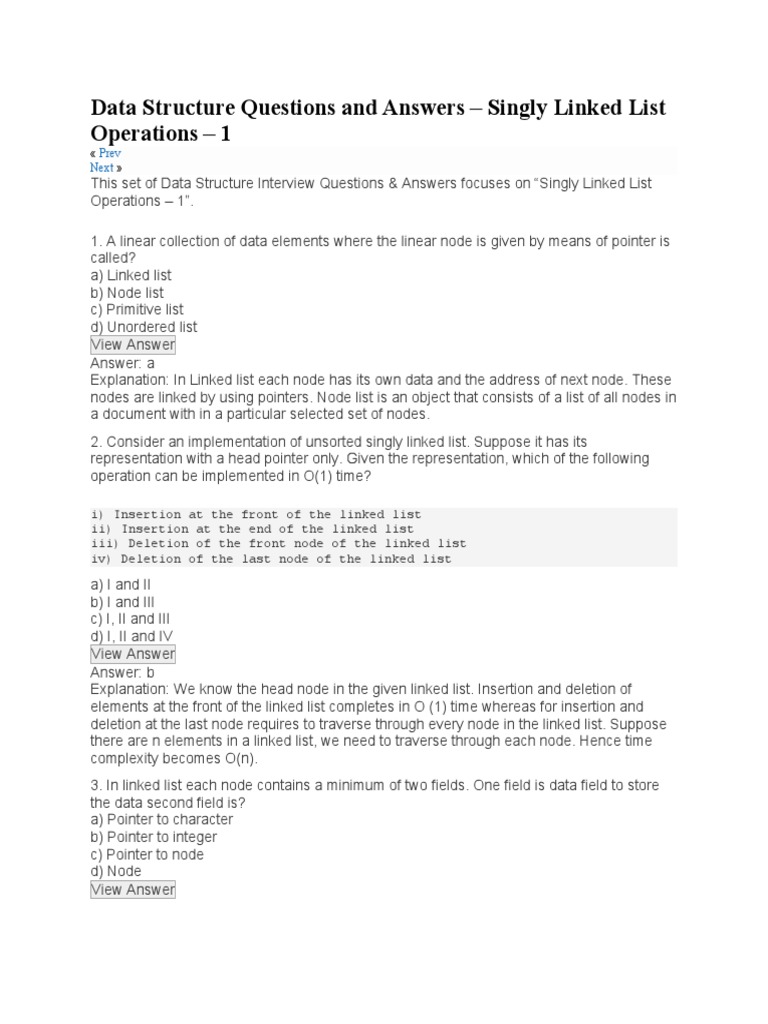 Data Structure Questions and Answers - Singly Linked List Operations ...
