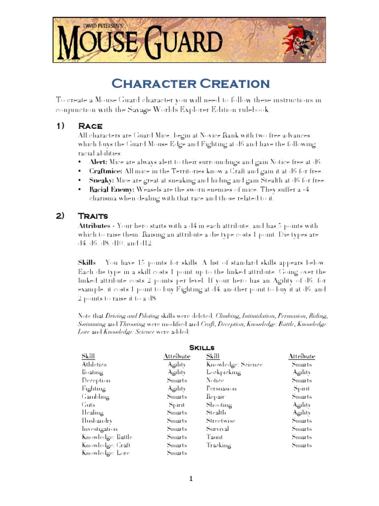 Mouse Guard Character Creation Guide | PDF