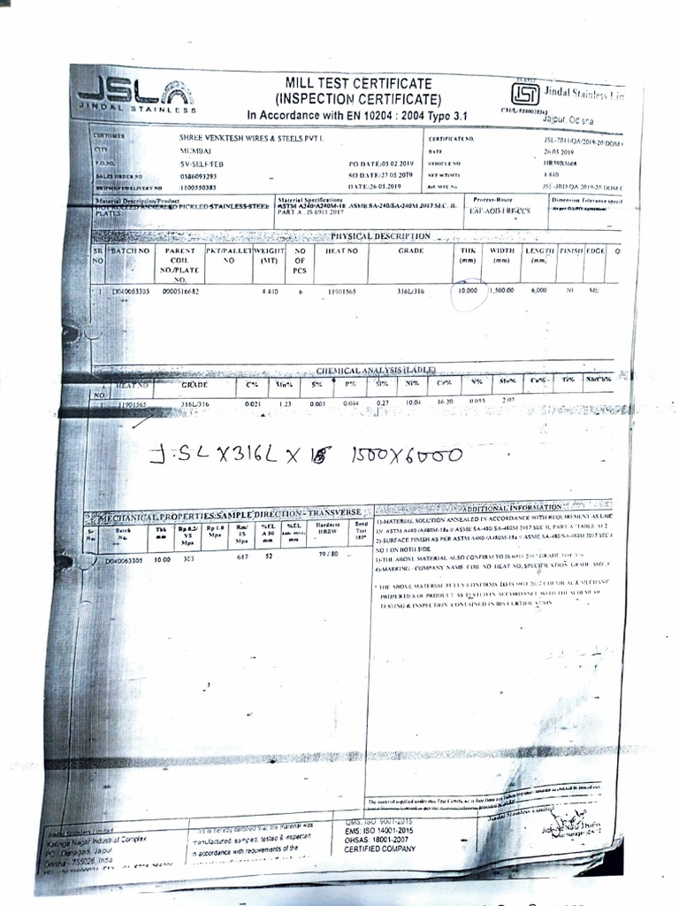 Stainless Steel Mill Test Certificate | PDF | Metallic Elements ...
