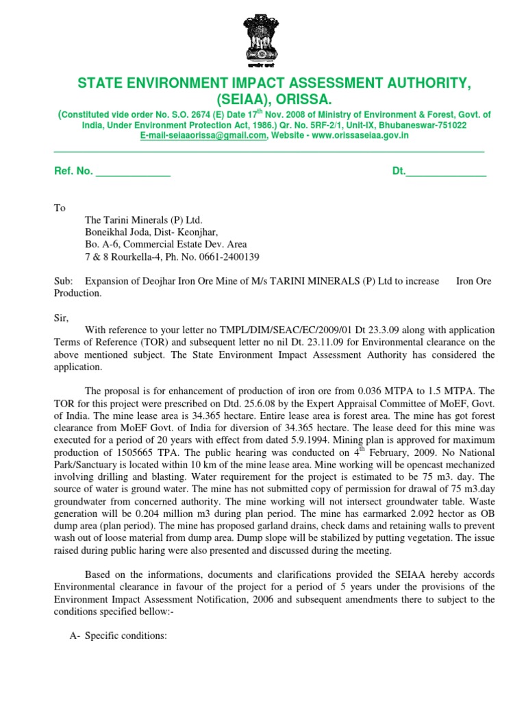 Tarini Minerals Iron Ore Mine Expansion | PDF | Mining | Environmental ...