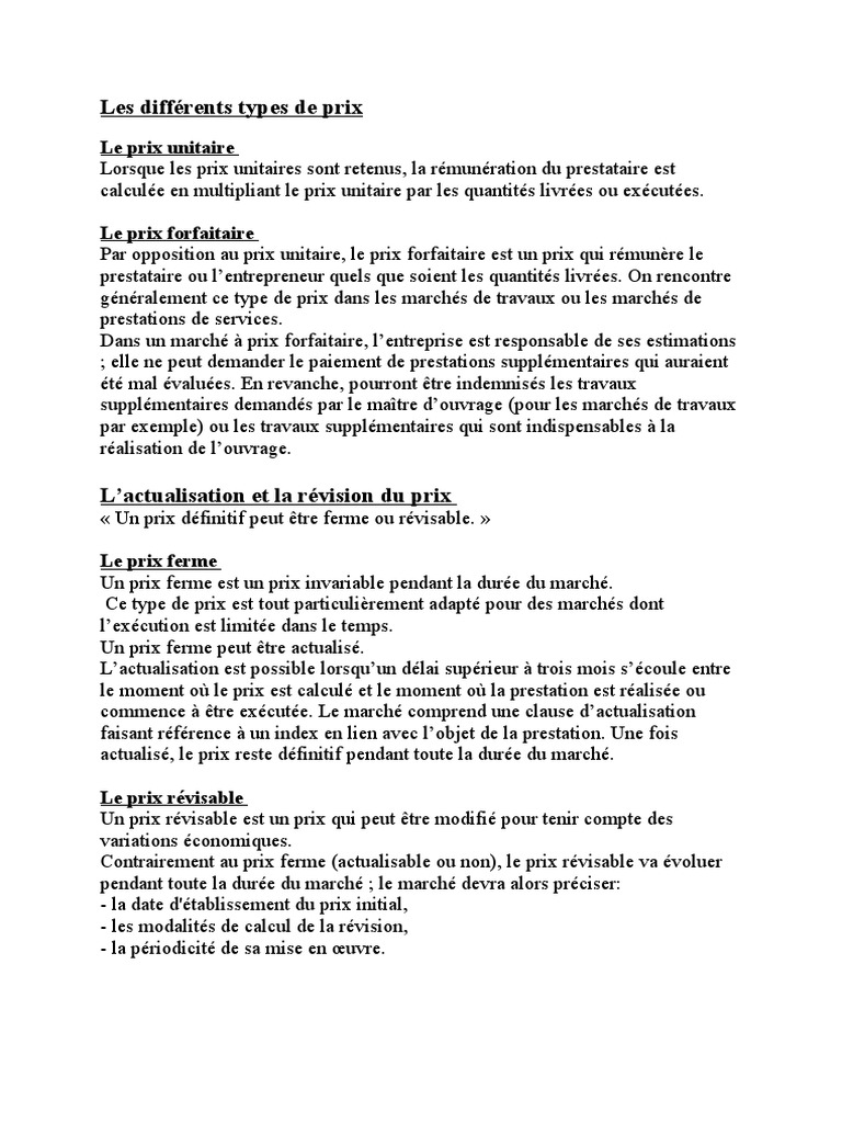 Types de prix : Unitaire et Forfaitaire | PDF | Finance et gestion ...