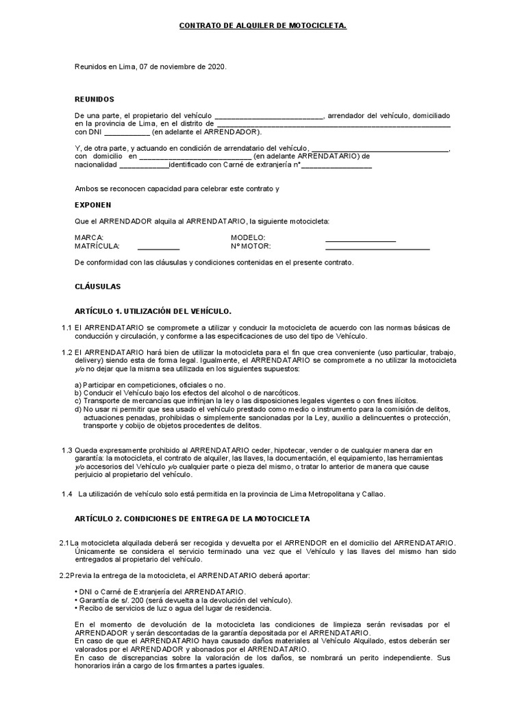 Contrato Alquiler de Moto | PDF | Alquiler | Motocicleta