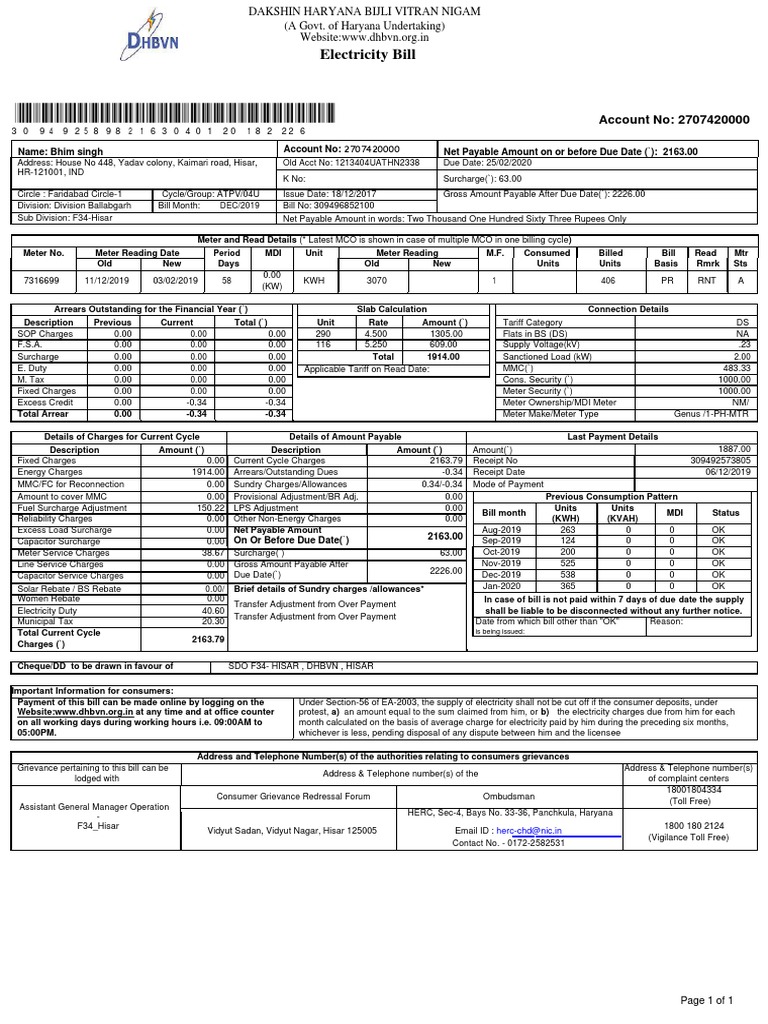 DHBVN Electricity Bill Details | PDF | Electricity | Electric Power