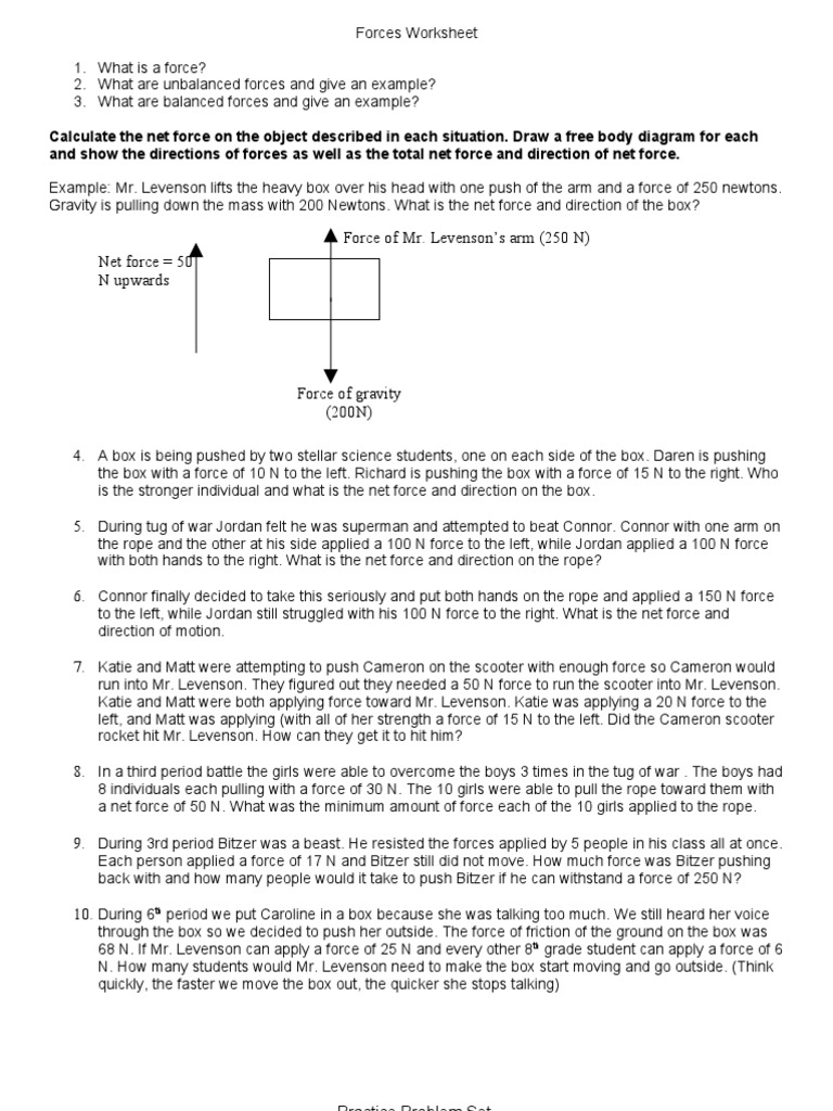 Forces Worksheet with practice problems | Acceleration | Force