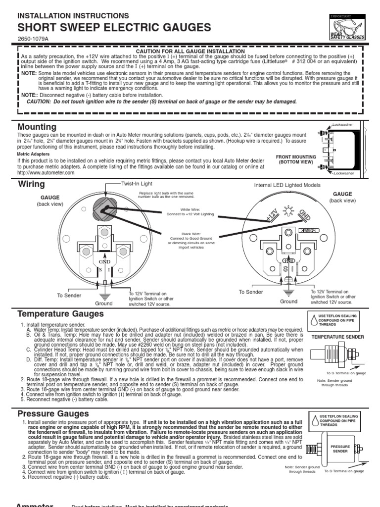 Autometer Water Temp 4337 Instructions PDF Fuse (Electrical