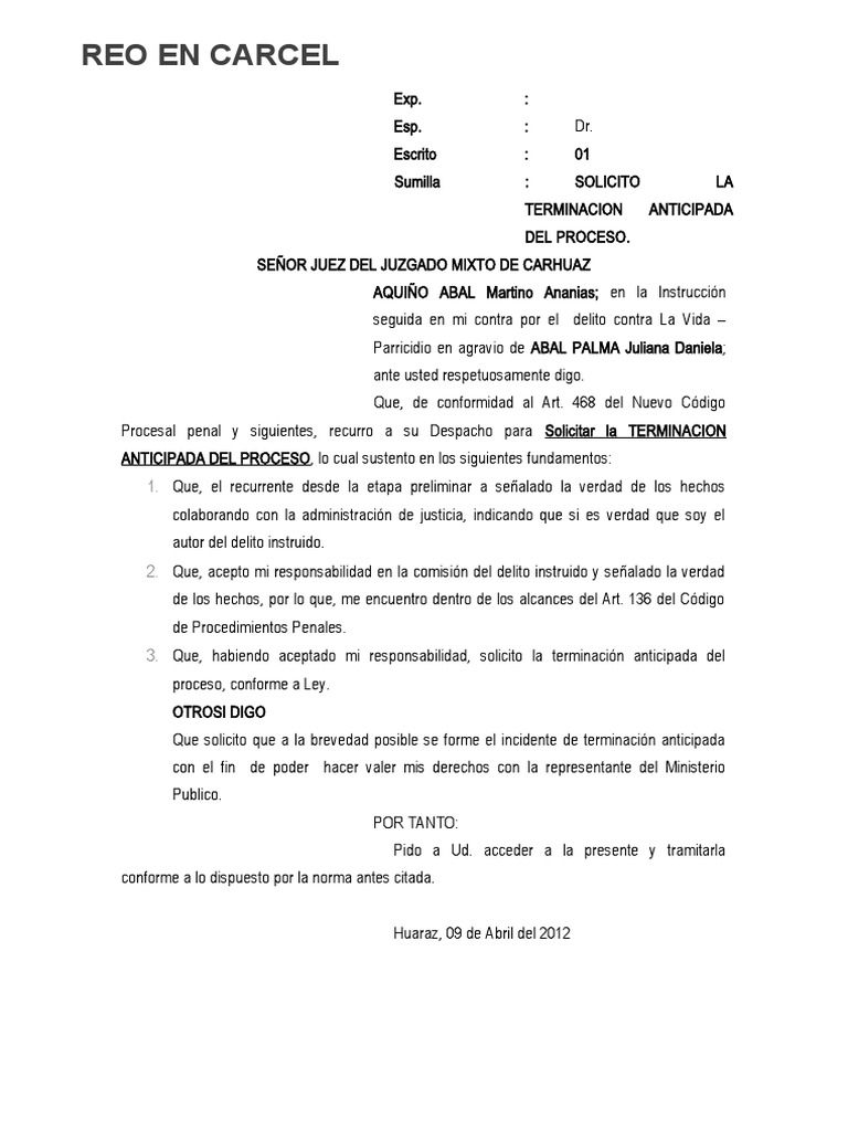 Solicito La Terminacion Anticipada Del Proceso. | PDF
