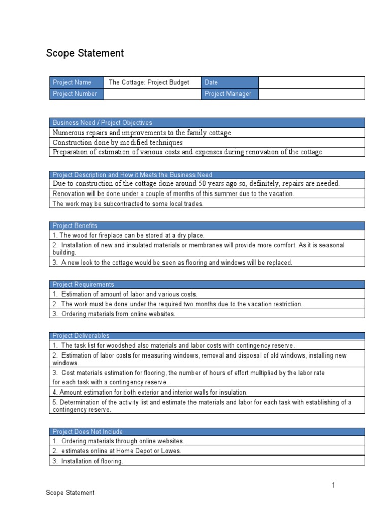 Cottage Renovation Project Scope | PDF | Project Management | Economies