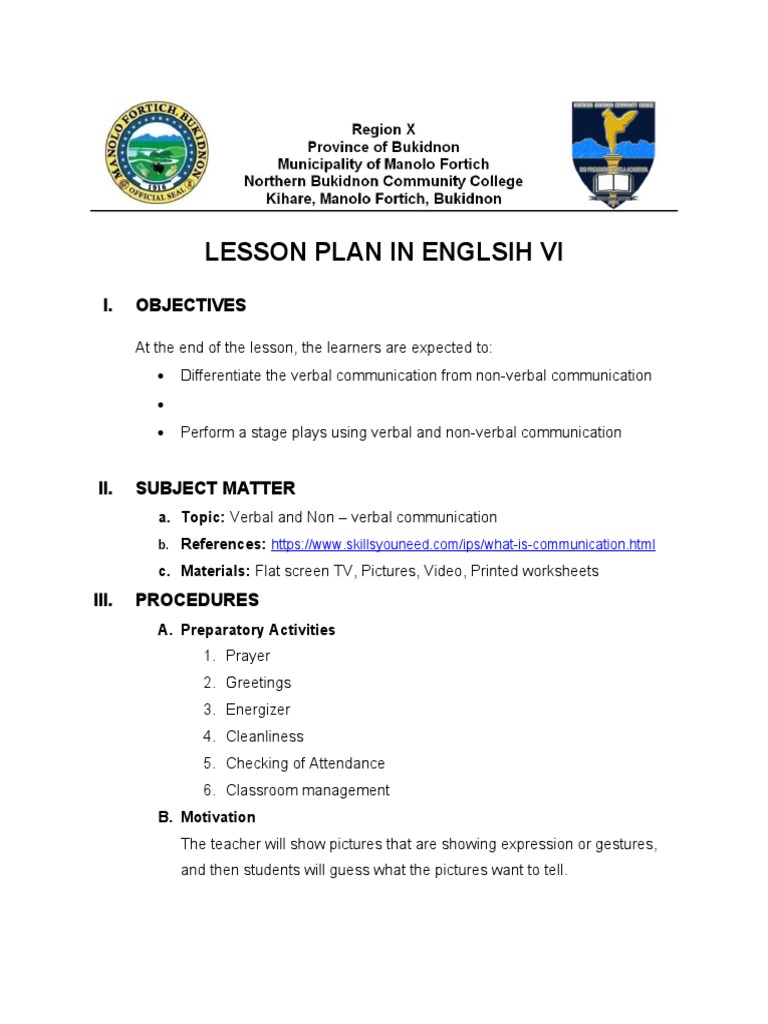 Lesson Plan in English Vi | PDF | Nonverbal Communication | Human ...