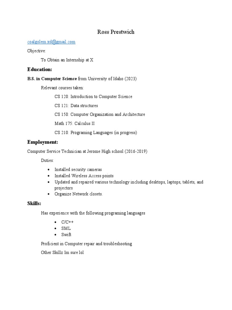 Computer Science Internship Resume | PDF