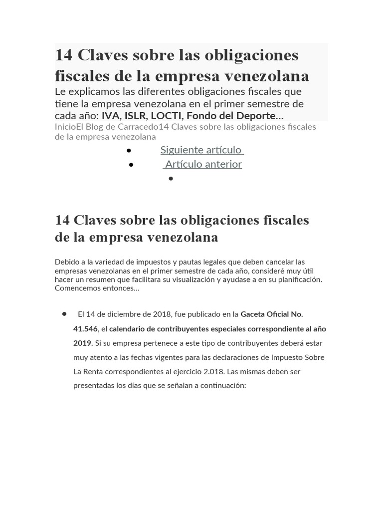 Obligaciones Fiscales de Empresas en Venezuela | PDF | Impuestos ...