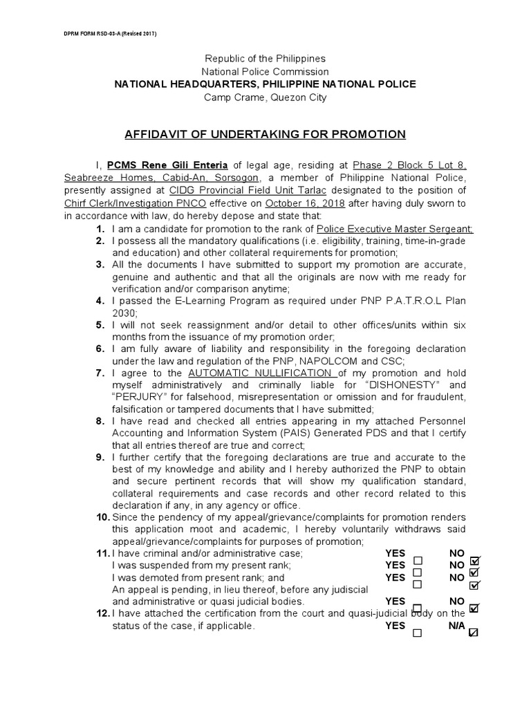 Affidavit of Undertaking For Promotion: DPRM FORM RSD-03-A (Revised ...