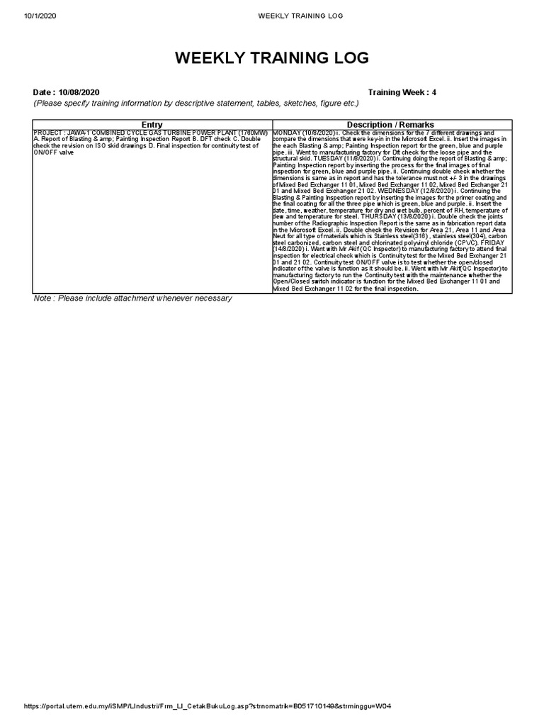 Weekly Training Log (Please Specify Training Information by