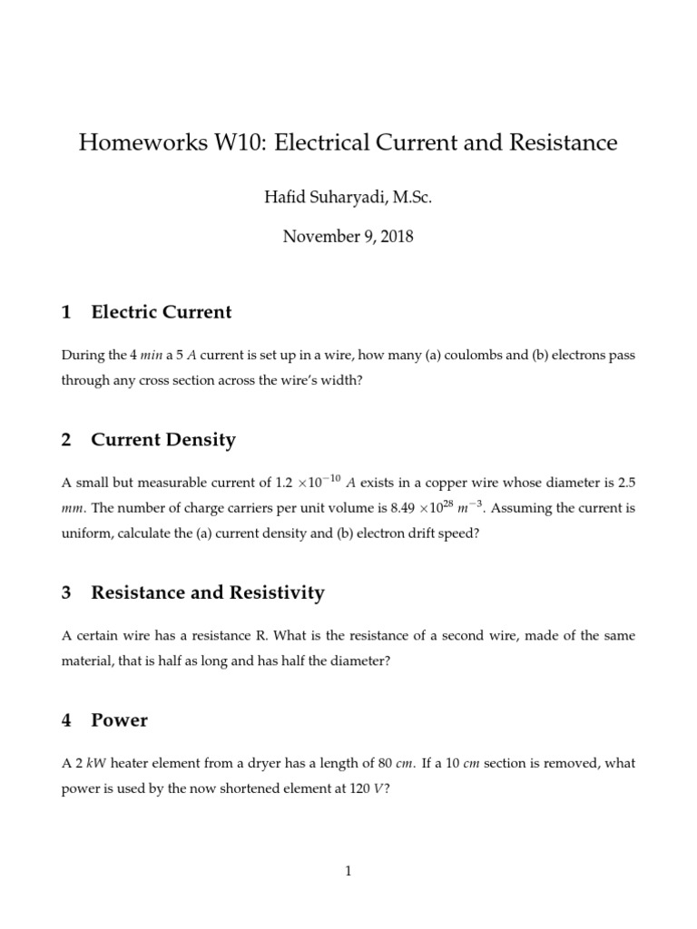 Homeworks W10: Electrical Current and Resistance | PDF