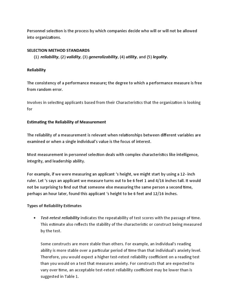 Selection Method Standards: Types of Reliability Estimates | PDF ...