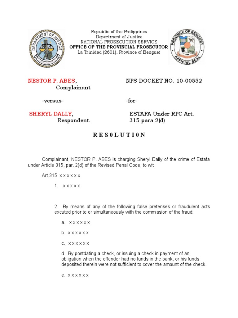 Nestor P. Abes, NPS DOCKET NO. 1000552 Complainant Versus For