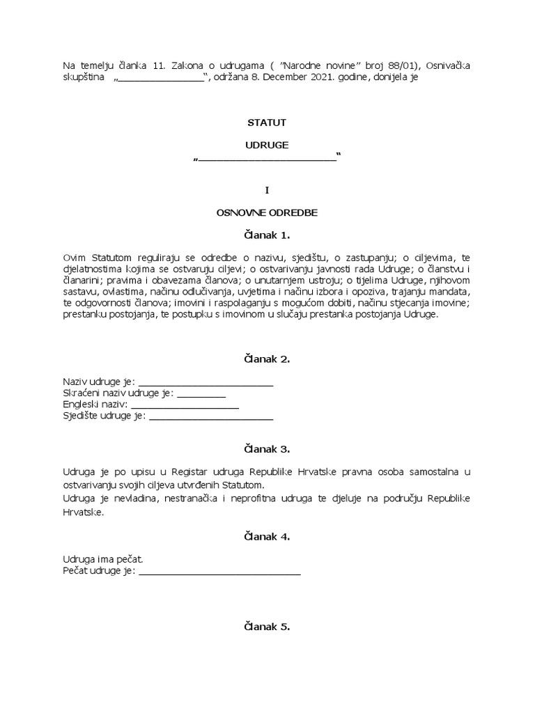 Primjer Statuta Udruge | PDF