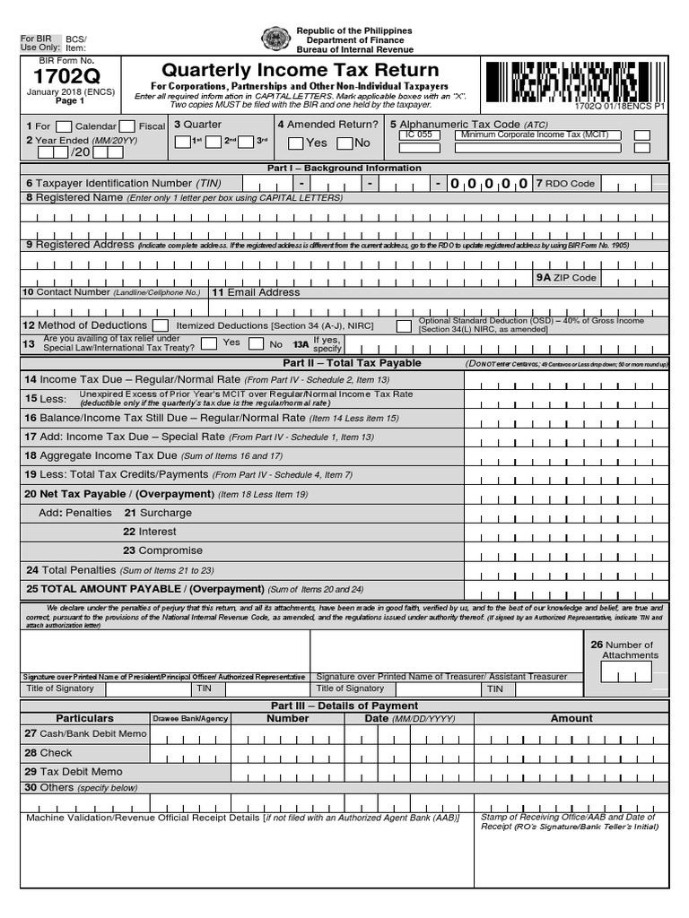 BIR Form 1702Q | PDF | Tax Deduction | Gross Income