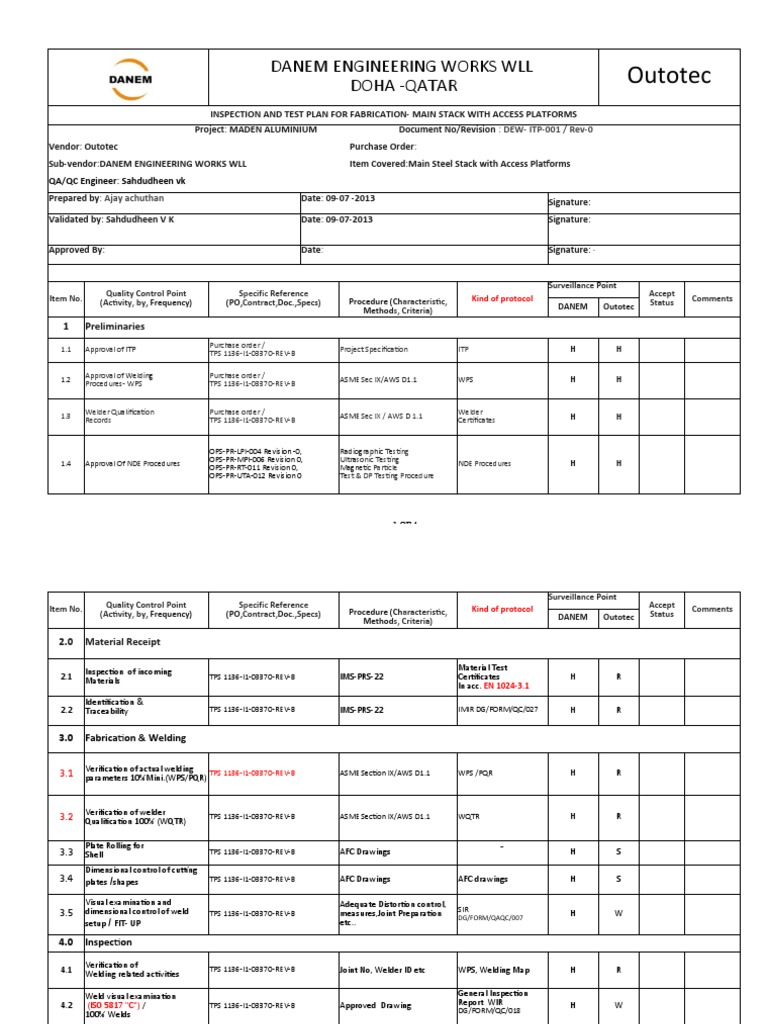 Itp For Stack | PDF | Nondestructive Testing | Welding