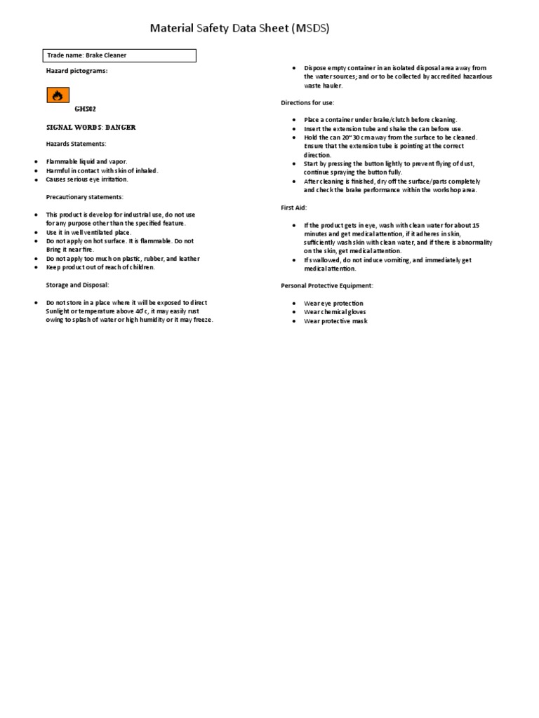 Safety Precautions for Using Brake Cleaner PDF Water Prevention