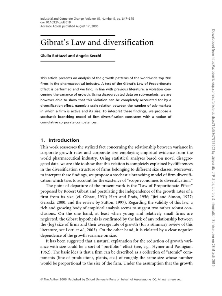 Gibrat's Law and Diversification PDF Diversification (Finance