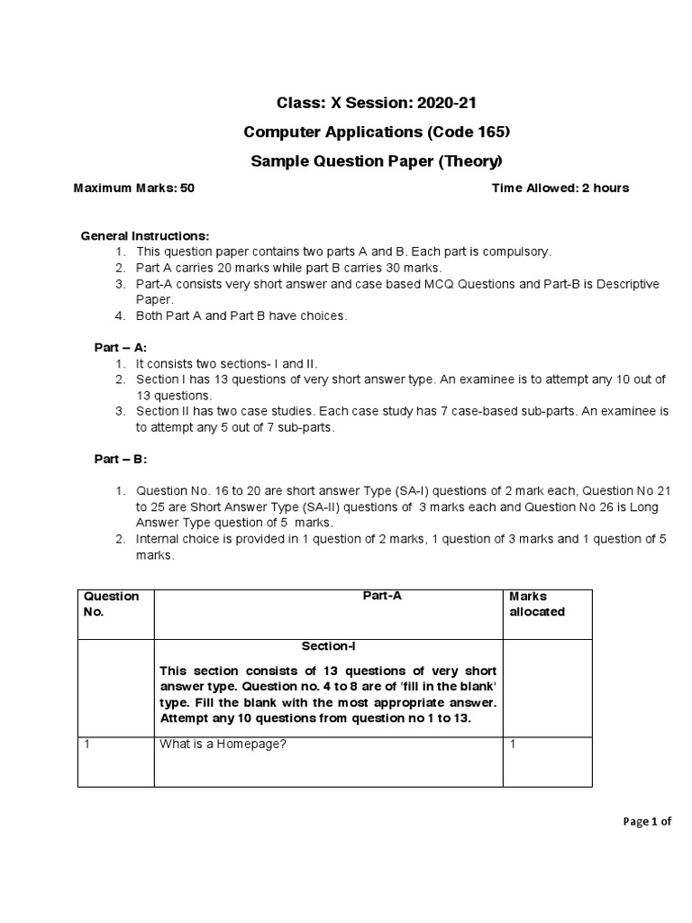 Class X Session 202021 Computer Applications (Code 165) Sample