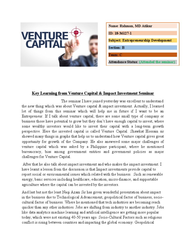 Key Learning From Venture Capital & Impact Investment Seminar | PDF ...