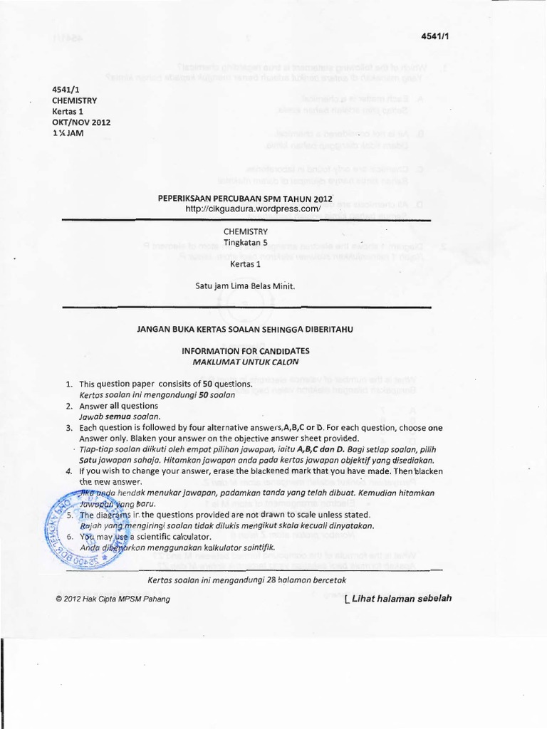 2012 Chemistry Pahang With Answer Pdf Pdf