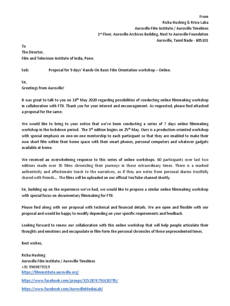 Online Hands On Basic Film Orientation Workshop Proposal For Ftii Auroville Lecture