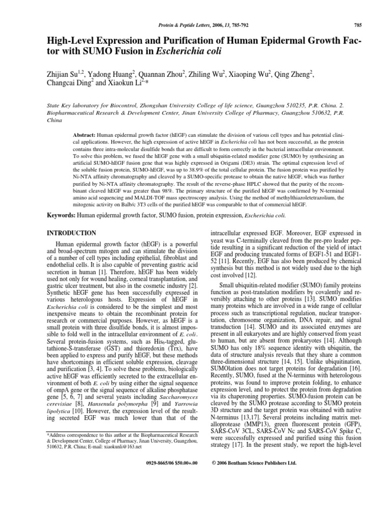 High Level Expression and Purification of Human Epidermal Growth Factor ...