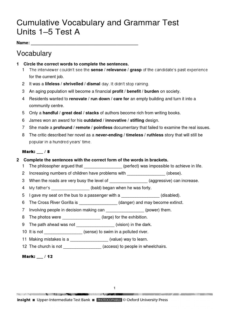 Cumulative Vocabulary Grammar Test Units 1 5 Test A Pdf Pdf