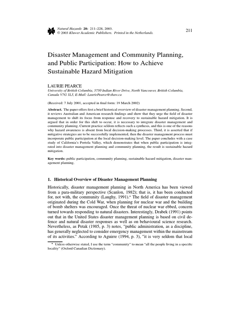 Disaster Management And Community Planning And Public Participation