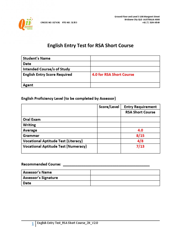 English Entry Test - RSA Short Course - ZH - V2.0 PDF | PDF | Fluency ...