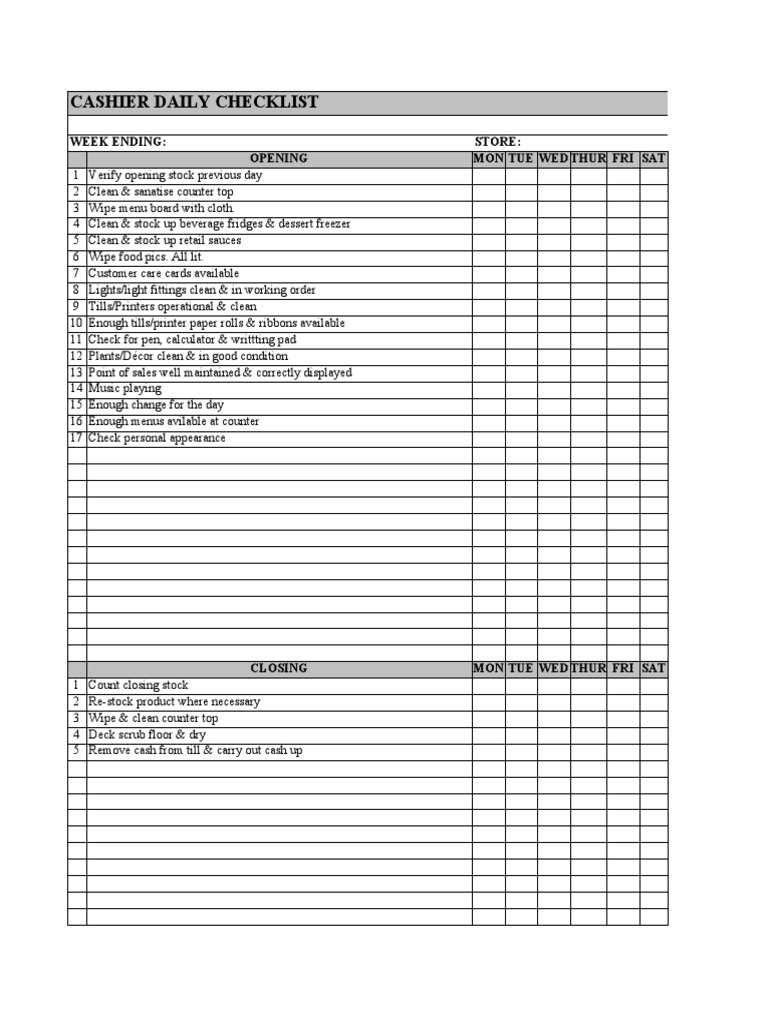 Cashier Daily Checklist Week Ending Store Opening Mon Tue Wed Thur