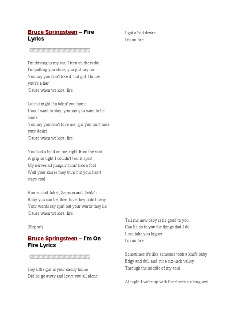Bruce Springsteen Fire Lyrics PDF