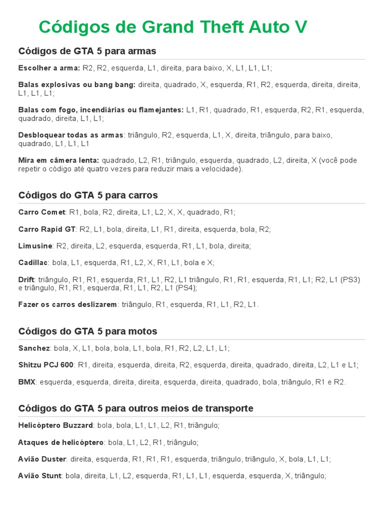 Códigos de Grand Theft Auto V | PDF | Lazer | Esportes