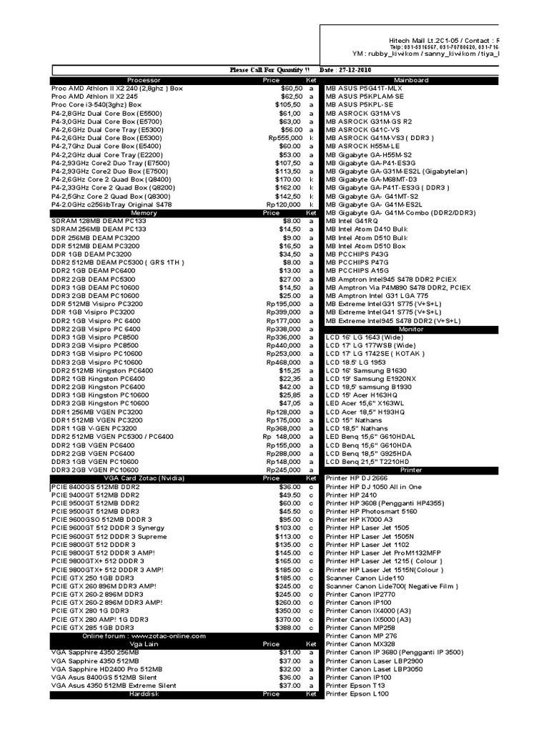 New Pricelist Hardware 24122010 Laptop Computer Hardware Free 30