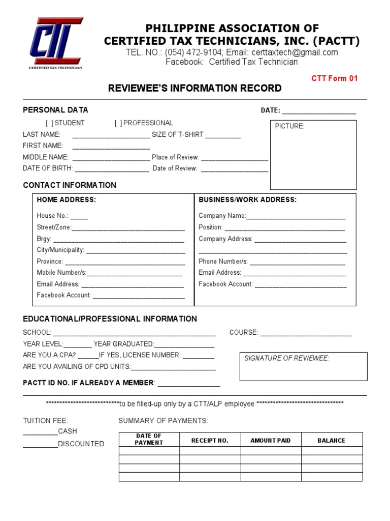 CTT Application Form for Tax Technicians | PDF | Payments | Business