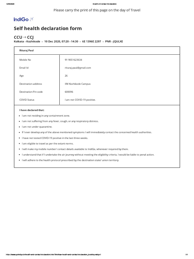 Travel Health Declaration Form | PDF