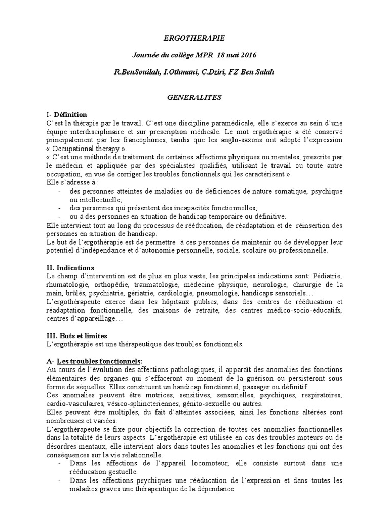 Bilan fonctionnel en ergothérapie | PDF | Médecine physique et de ...