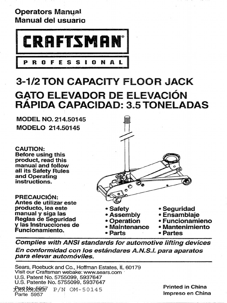Craftsman Professional Model 214.50145 31/2 Ton Capacity Floor