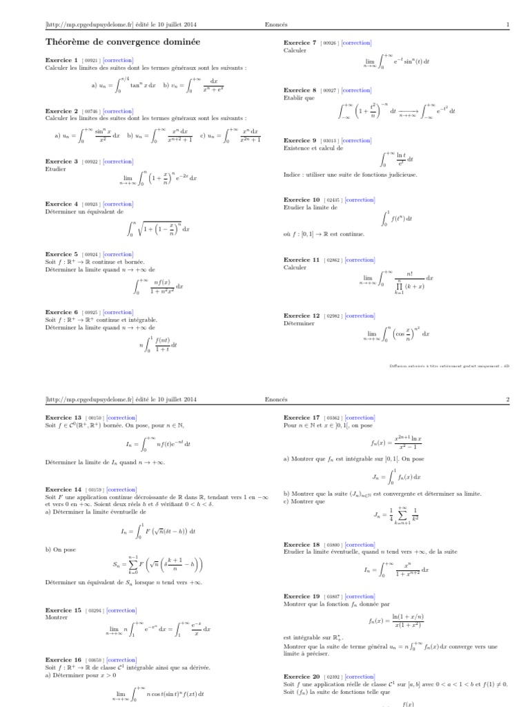 Théorème de convergence dominée et exercices PDF Calcul Géométrie — free download