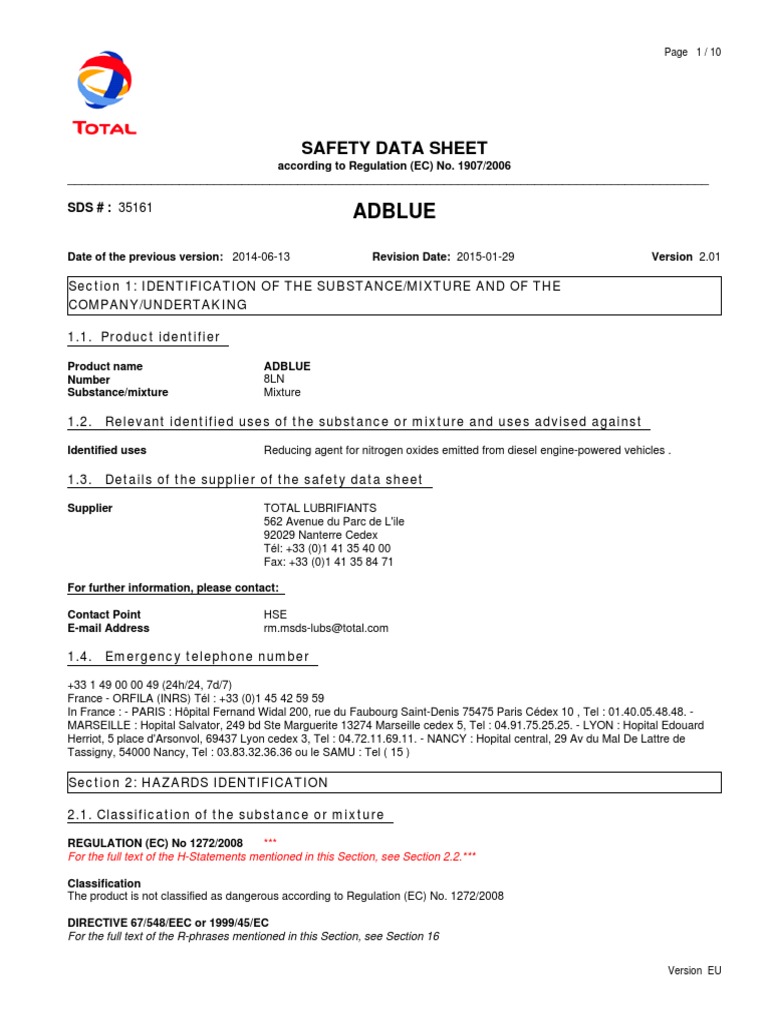 Adblue Safety Data Sheet PDF Personal Protective Equipment Toxicity