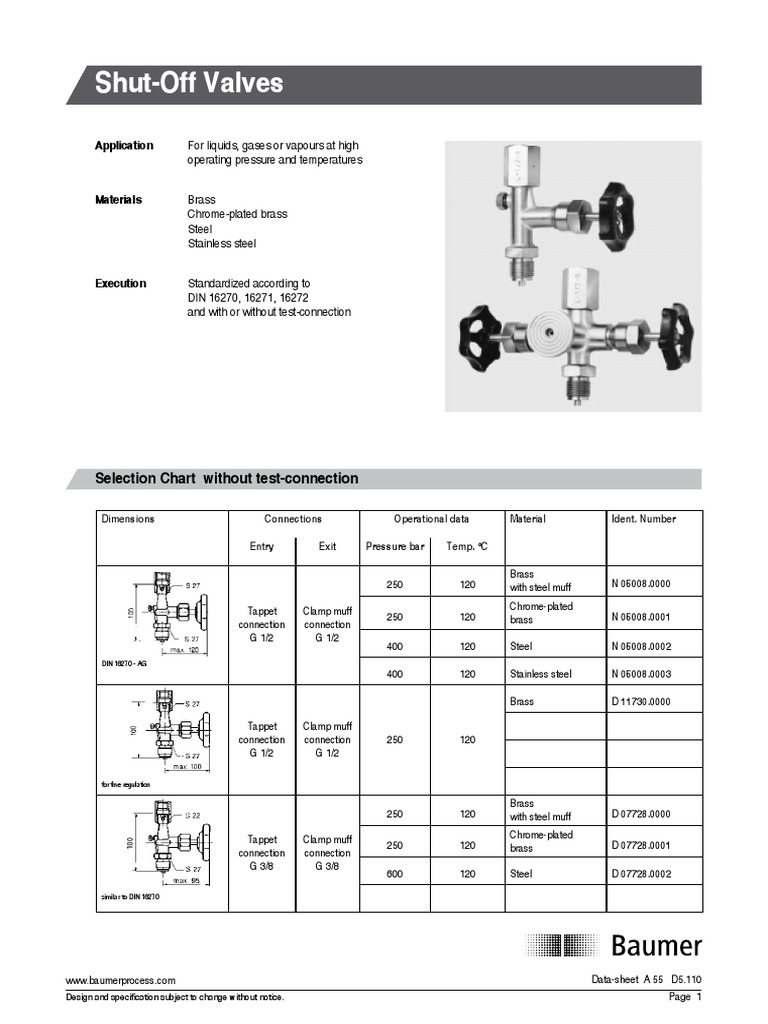 Shut-Off Valves: Selection Chart Without Test-Connection | PDF ...