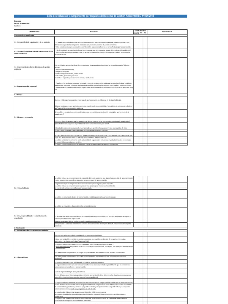 Lista de Evaluacion y Cumplimiento SGA ISO 14001 2015 FINAL PDF | PDF ...