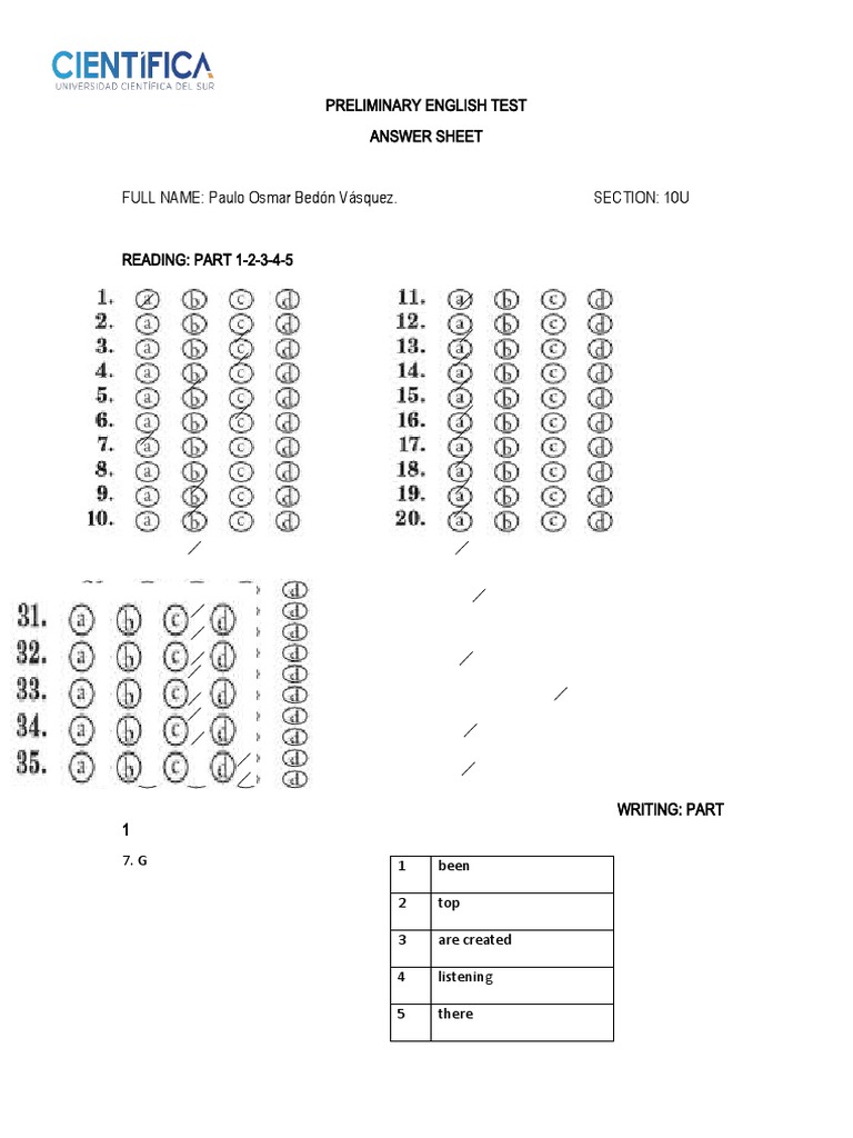 Preliminary Test Answer Sheet 2020 PDF