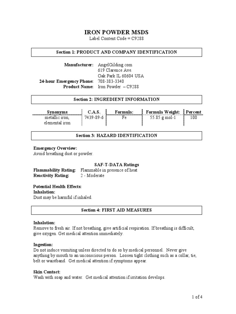 Iron Powder MSDS and Safety Guidelines | PDF | Fires | Water